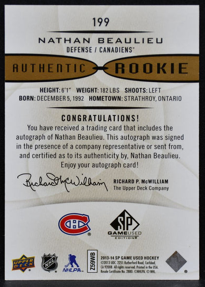 2013-14 SP Game Used Gold Authentic Nathan Beaulieu 199 Canadiens RC Auto 5996