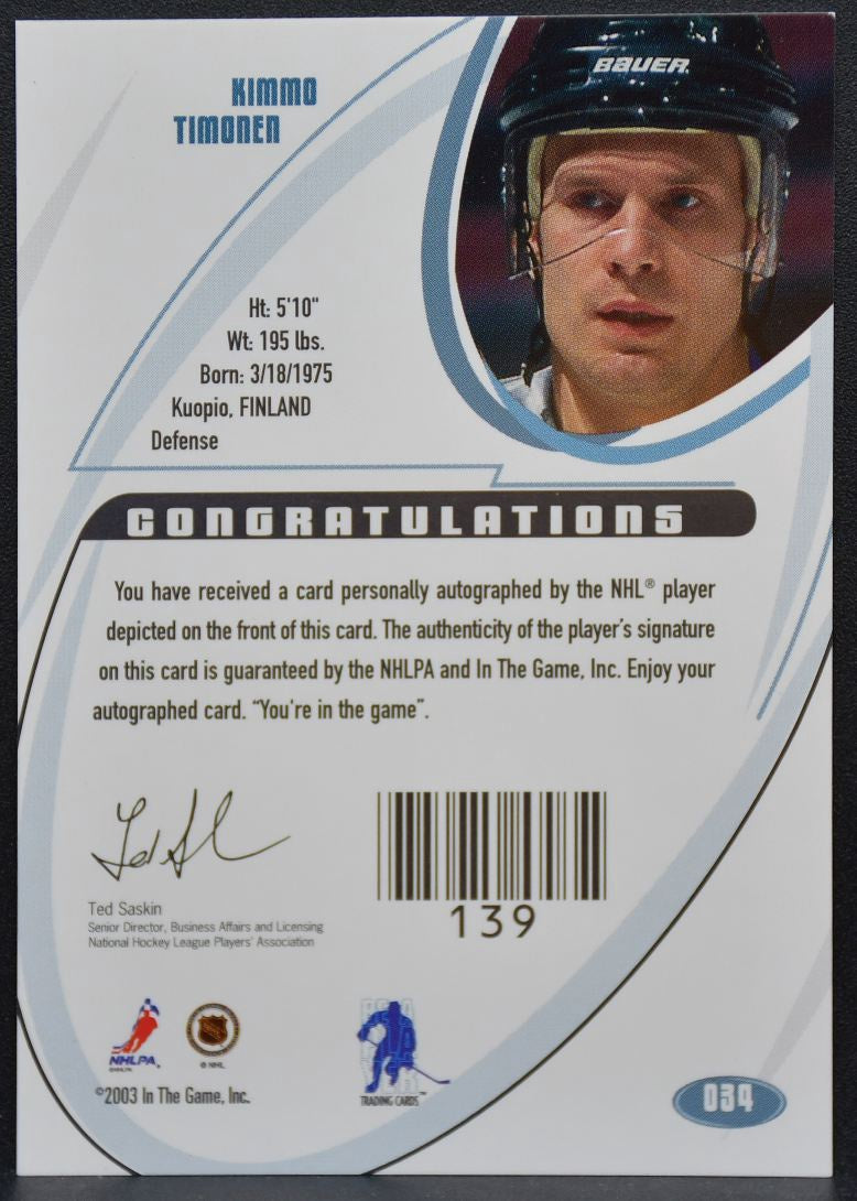 2002-03 In The Game Signature Kimmo Timonen 034 Nashville Predators Auto 8775