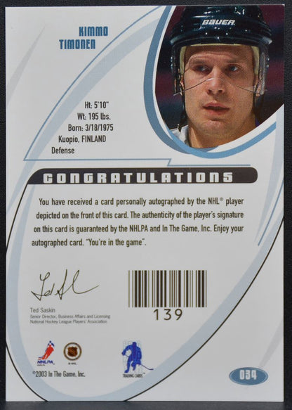 2002-03 In The Game Signature Kimmo Timonen 034 Nashville Predators Auto 8775
