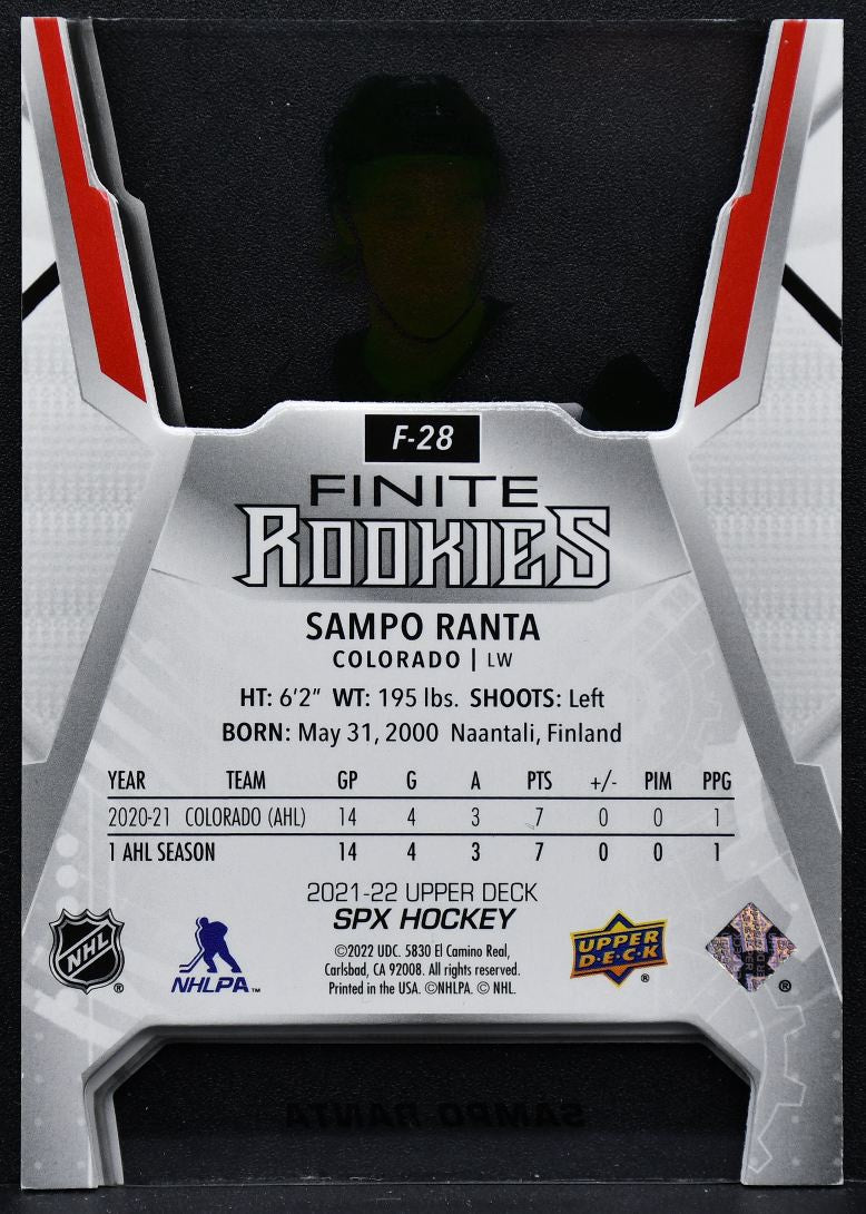 2021-22 SPx Finite Rookies Gold Sampo Ranta F-28 Colorado Avalanche RC 223/299 8730