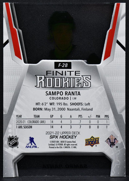 2021-22 SPx Finite Rookies Gold Sampo Ranta F-28 Colorado Avalanche RC 223/299 8730