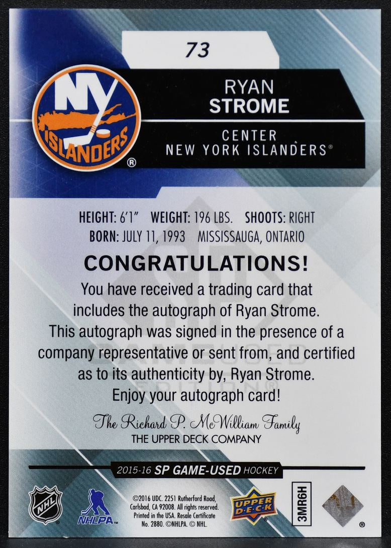 2015-16 SP Game Used Blue Autographs Ryan Strome 73 New York Islanders Auto 7853