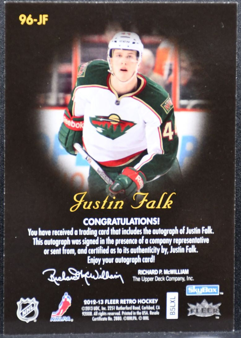 2012-13 Fleer Retro 1996-97 Skybox Autographics Justin Falk 96-JF Wild Auto 3081