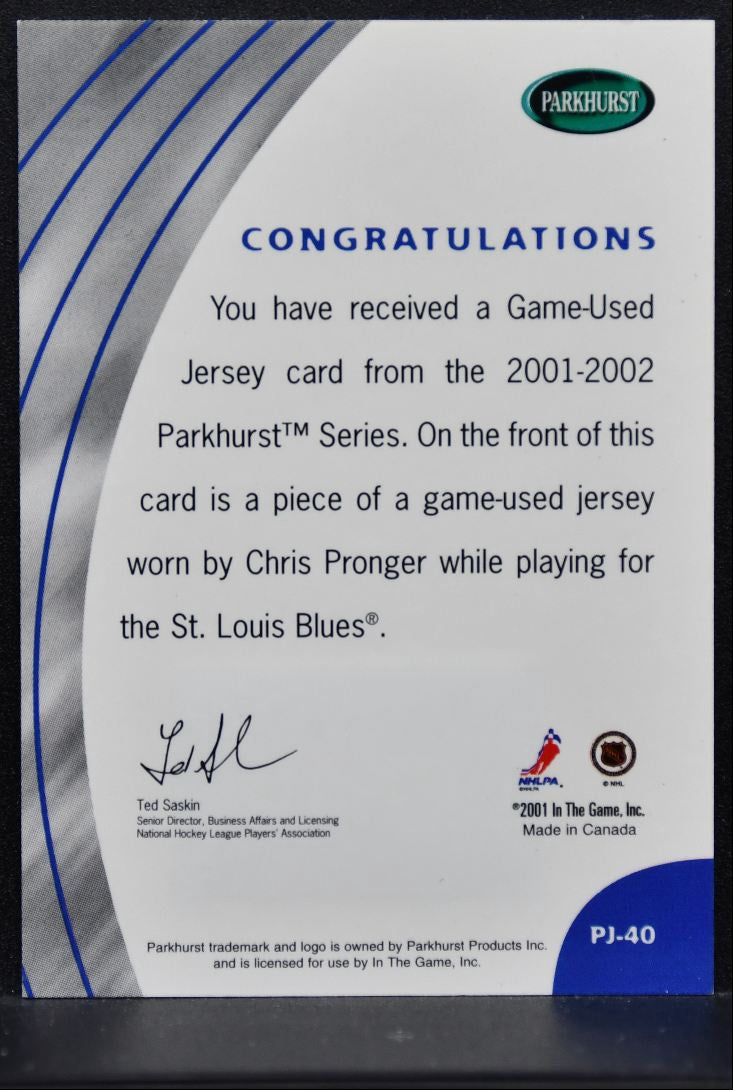 2001-02 Parkhurst Jersey Chris Pronger PJ-40 St. Louis Blues Jersey 4480
