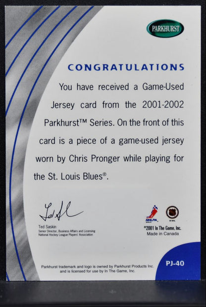 2001-02 Parkhurst Jersey Chris Pronger PJ-40 St. Louis Blues Jersey 4480