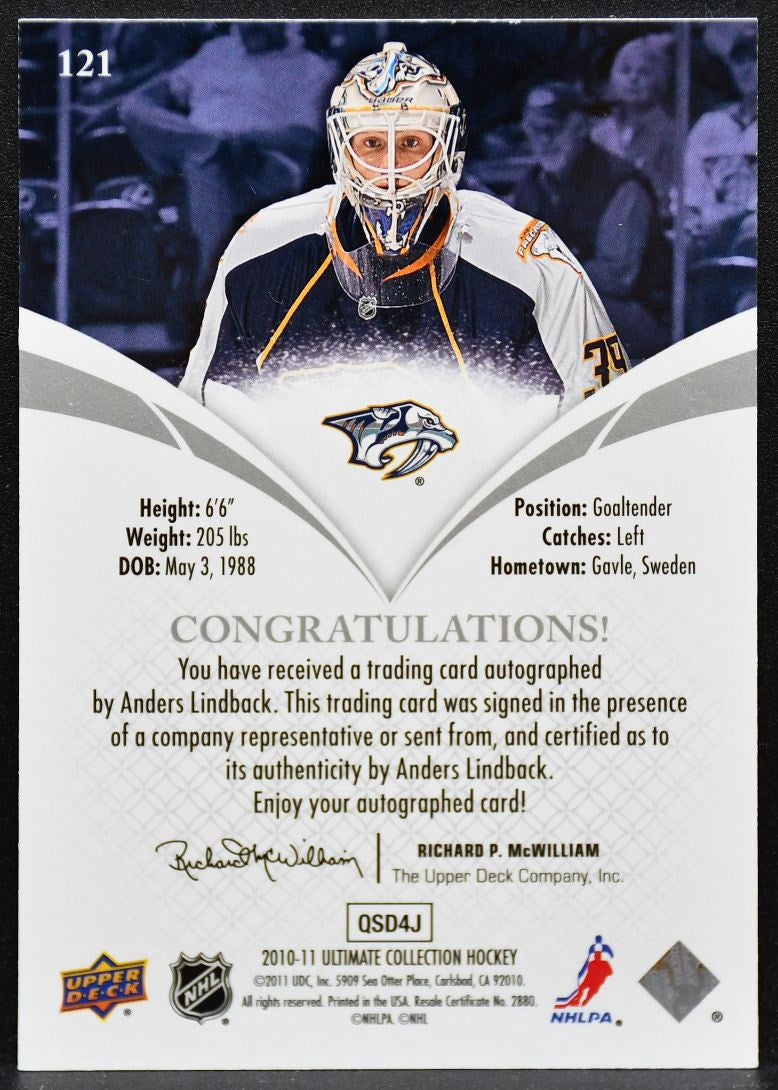 2010-11 UD Ultimate Collection Lindback 121 Predators RC Auto 071/299 5576