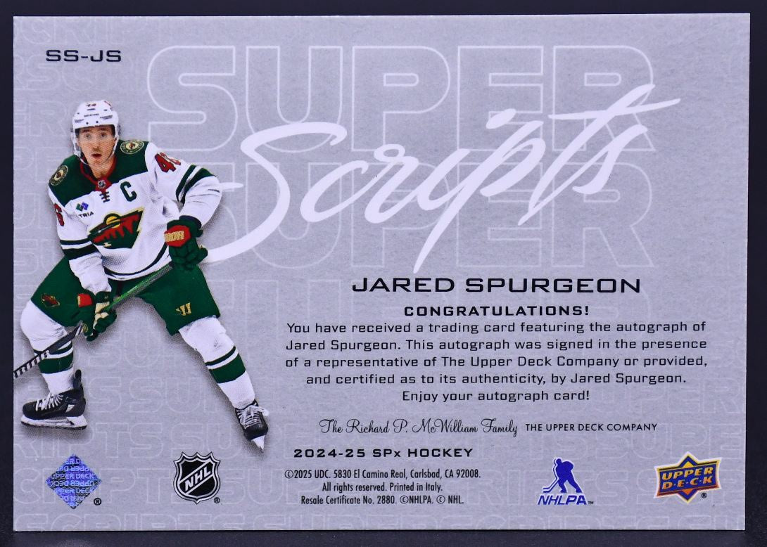 2024-25 SPx SuperScripts Jared Spurgeon SS-JS Minnesota Wild Auto