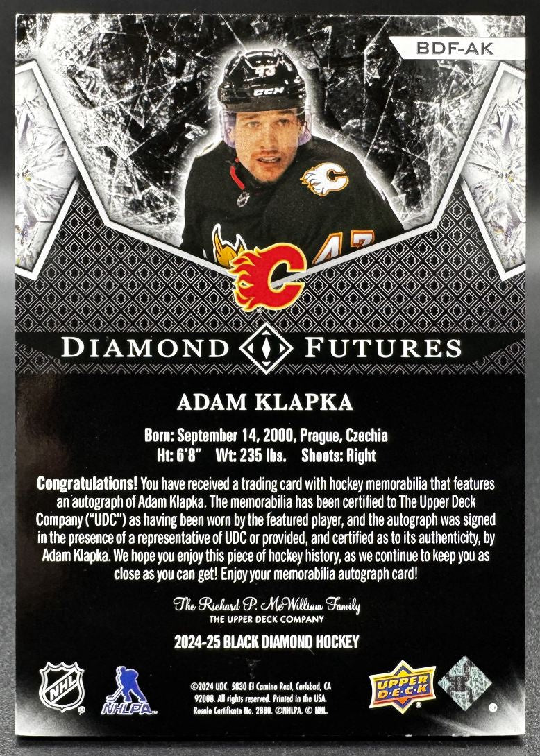 2023-24 UD Black Diamond Futures Premium Relic Adam Klapka Auto /25 Patch
