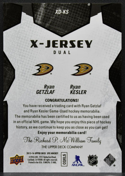 2015-16 SPx X-Jersey Dual Ryan Getzlaf/Ryan Kesler XD-KS Ducks Jersey 1900