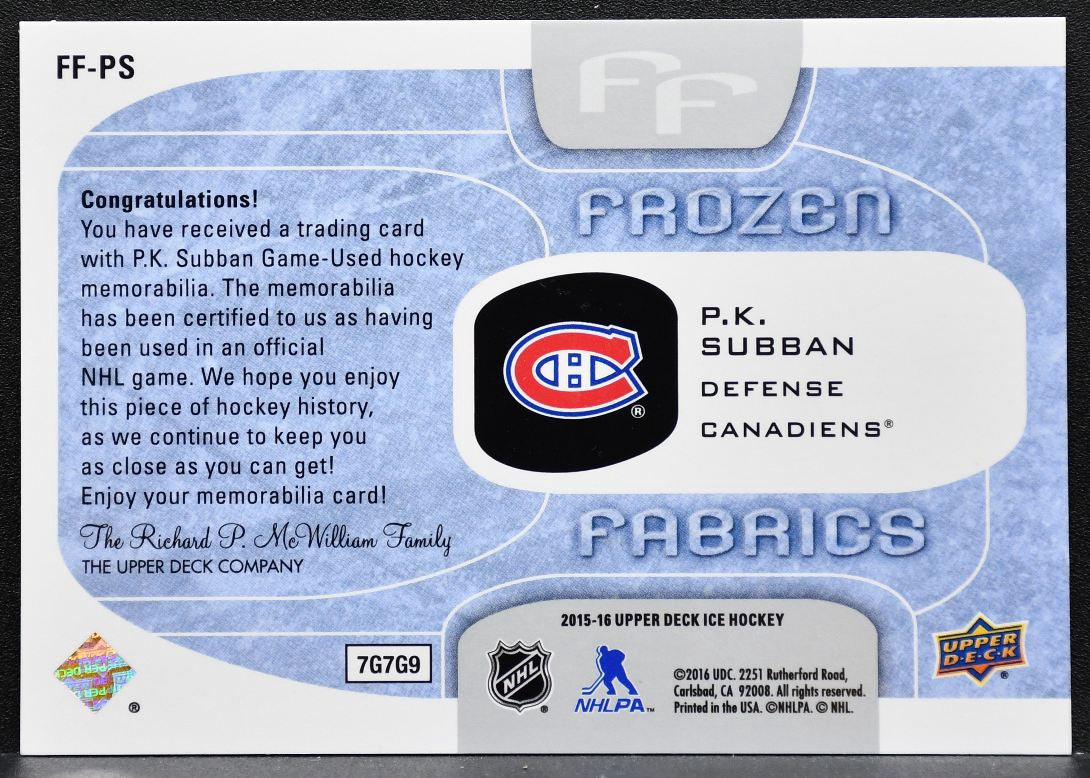 2015-16 Upper Deck ICE Frozen Fabrics P.K. Subban FF-PS Canadiens Jersey 9846
