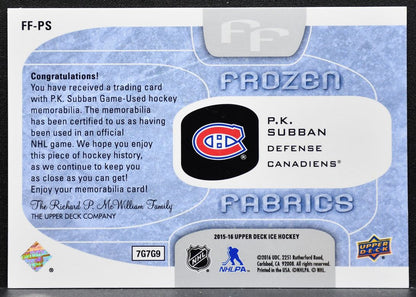 2015-16 Upper Deck ICE Frozen Fabrics P.K. Subban FF-PS Canadiens Jersey 9846
