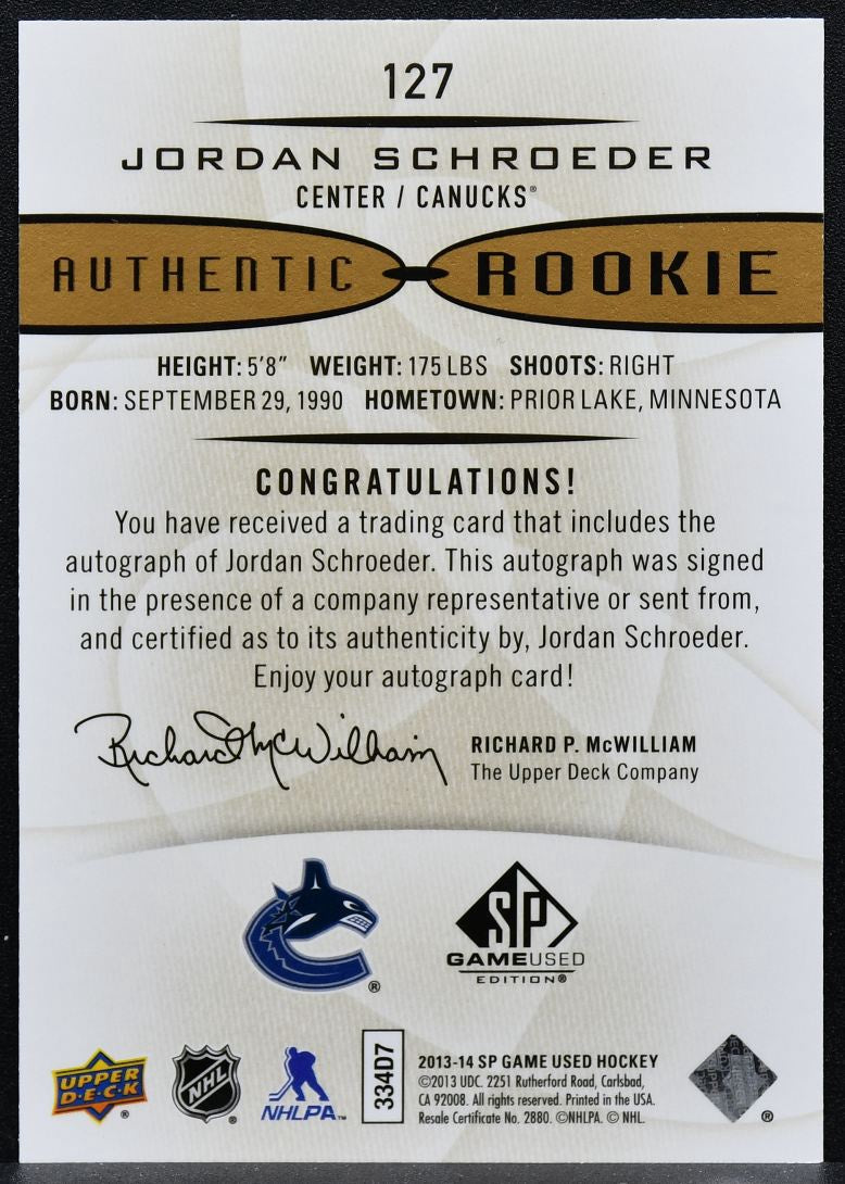2013-14 SP Game Used Authentic Rookie Auto Gold Jordan Schroeder RC Auto 9781
