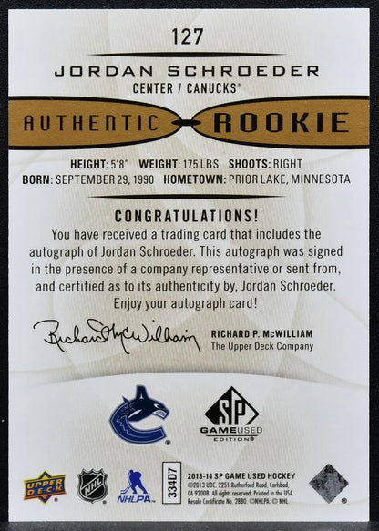 2013-14 SP Game Used Authentic Rookie Auto Gold Jordan Schroeder RC Auto 9781