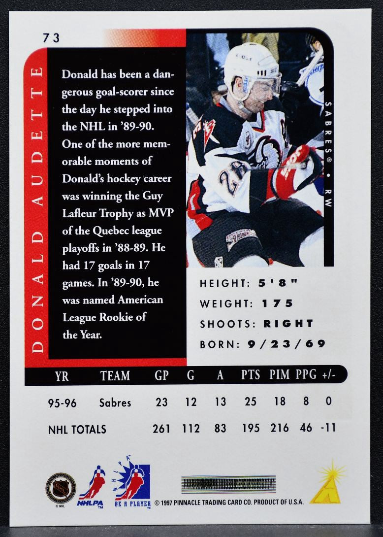 1996-97 Pinnacle Be a Player Autographs Donald Audette 73 Sabres Auto 0804
