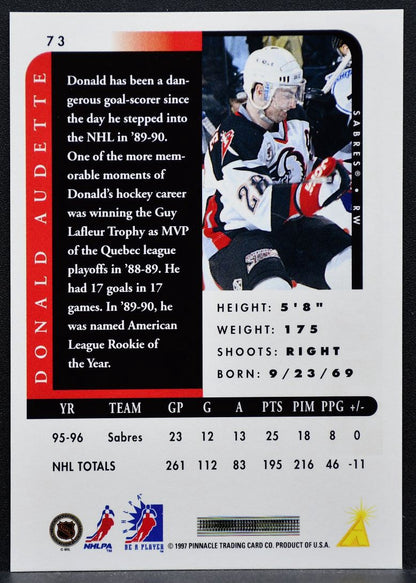 1996-97 Pinnacle Be a Player Autographs Donald Audette 73 Sabres Auto 0804