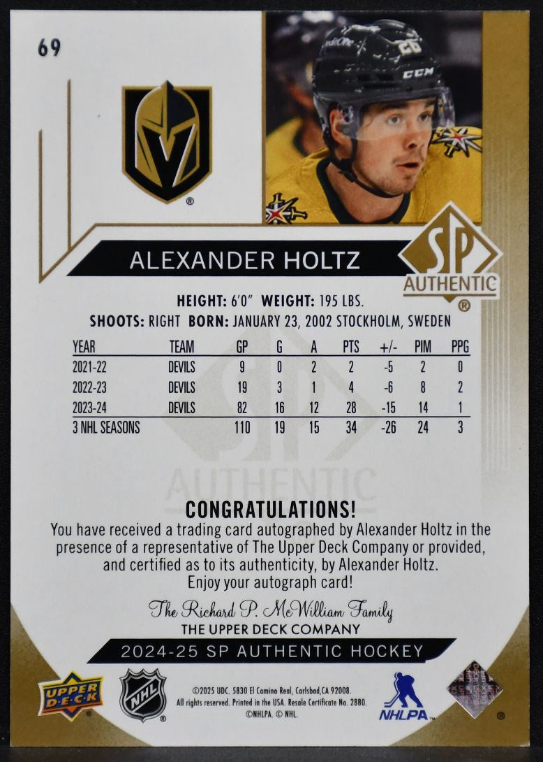 2024-25 SP Authentic Auto Limited Alexander Holtz 69 Vegas Golden Knights Auto