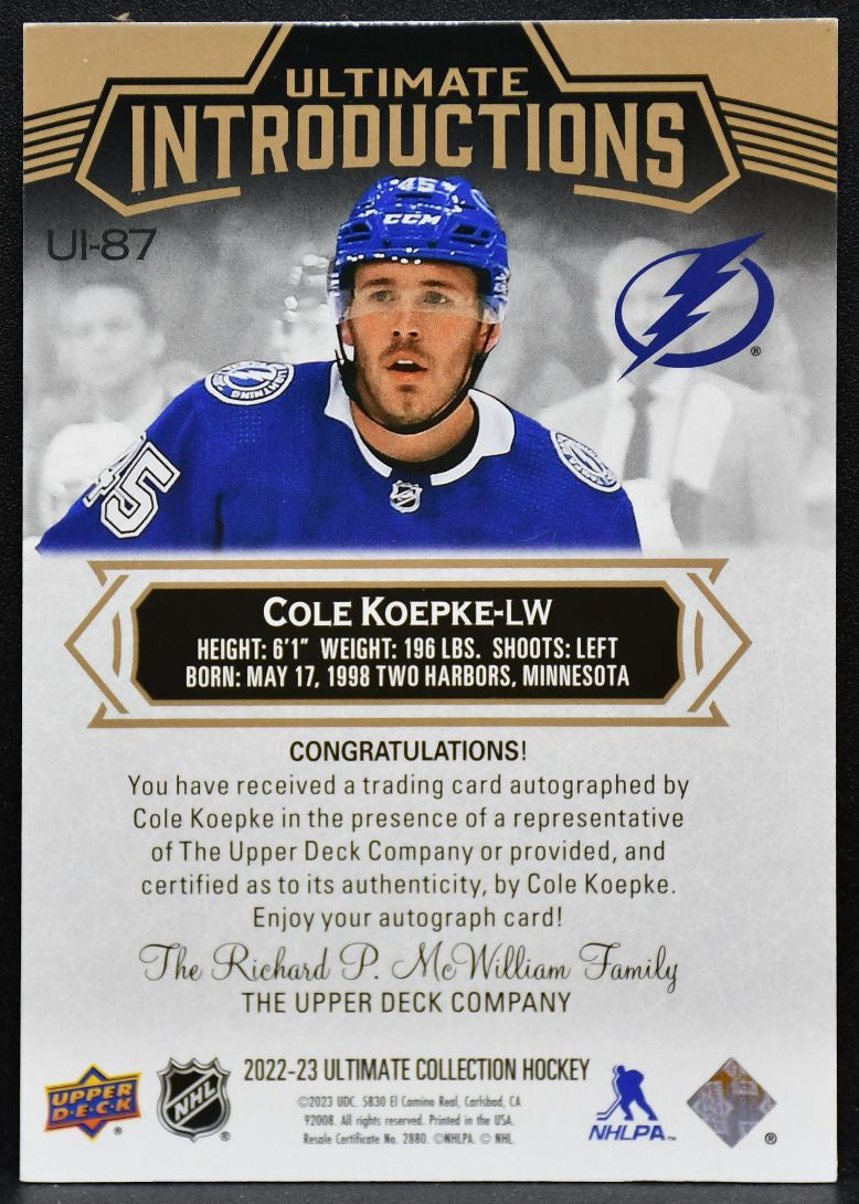 2022-23 UD Ultimate Collection Introductions Koepke UI-87 Lightning RC Auto 6085