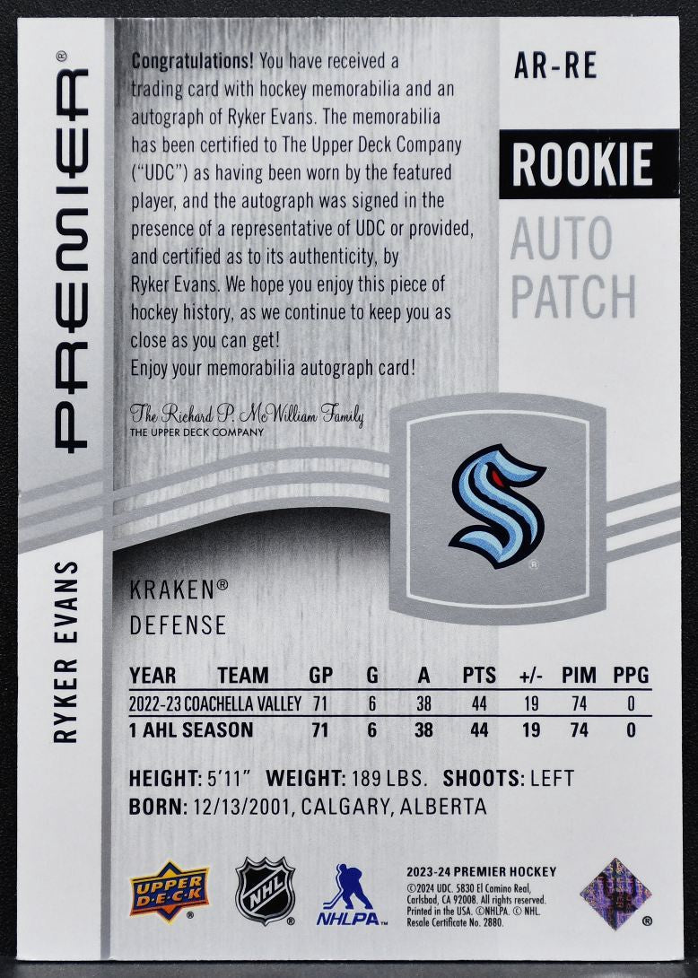 2023-24 UD Premier Acetate Rookie Auto Patch Evans Kraken RC Auto Patch 6019