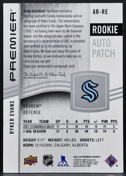 2023-24 UD Premier Acetate Rookie Auto Patch Evans Kraken RC Auto Patch 6019