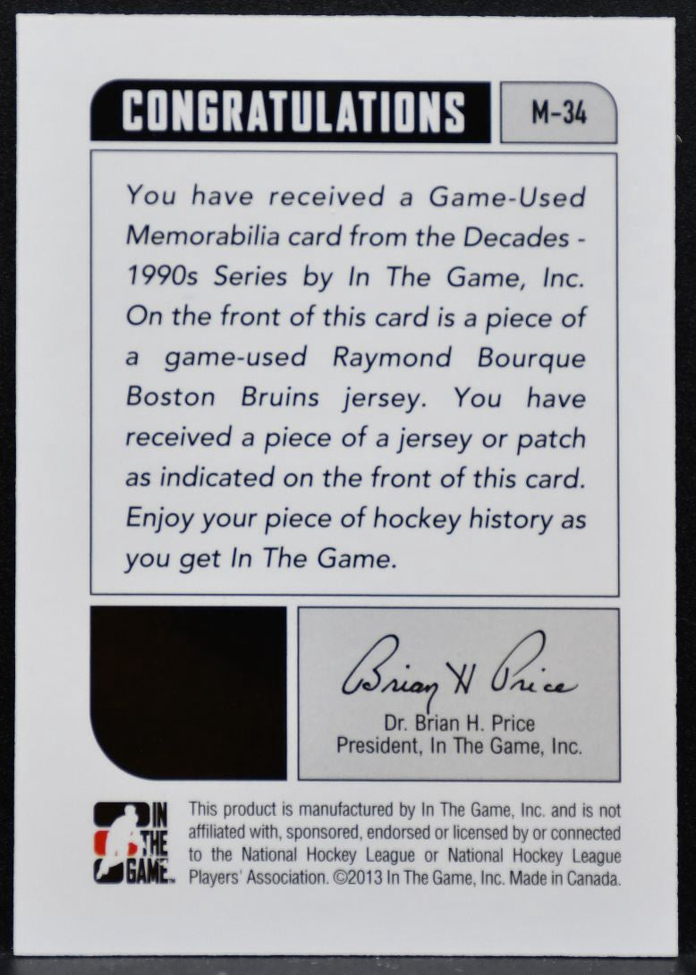 2013-14 In The Game Decades 1990s Used Jerseys Ray Bourque Bruins Jersey 8512