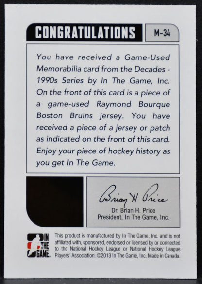2013-14 In The Game Decades 1990s Used Jerseys Ray Bourque Bruins Jersey 8512