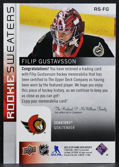 2021-22 SP Game Used Rookie Sweaters Filip Gustavsson Senators RC Jersey 6323