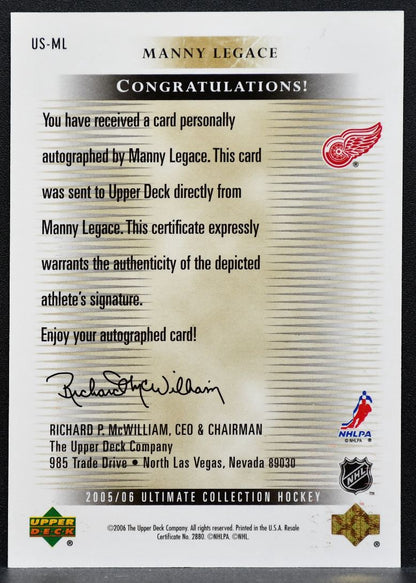 2005-06 UD Ultimate Collection Signatures Manny Legace Red Wings Auto 7682