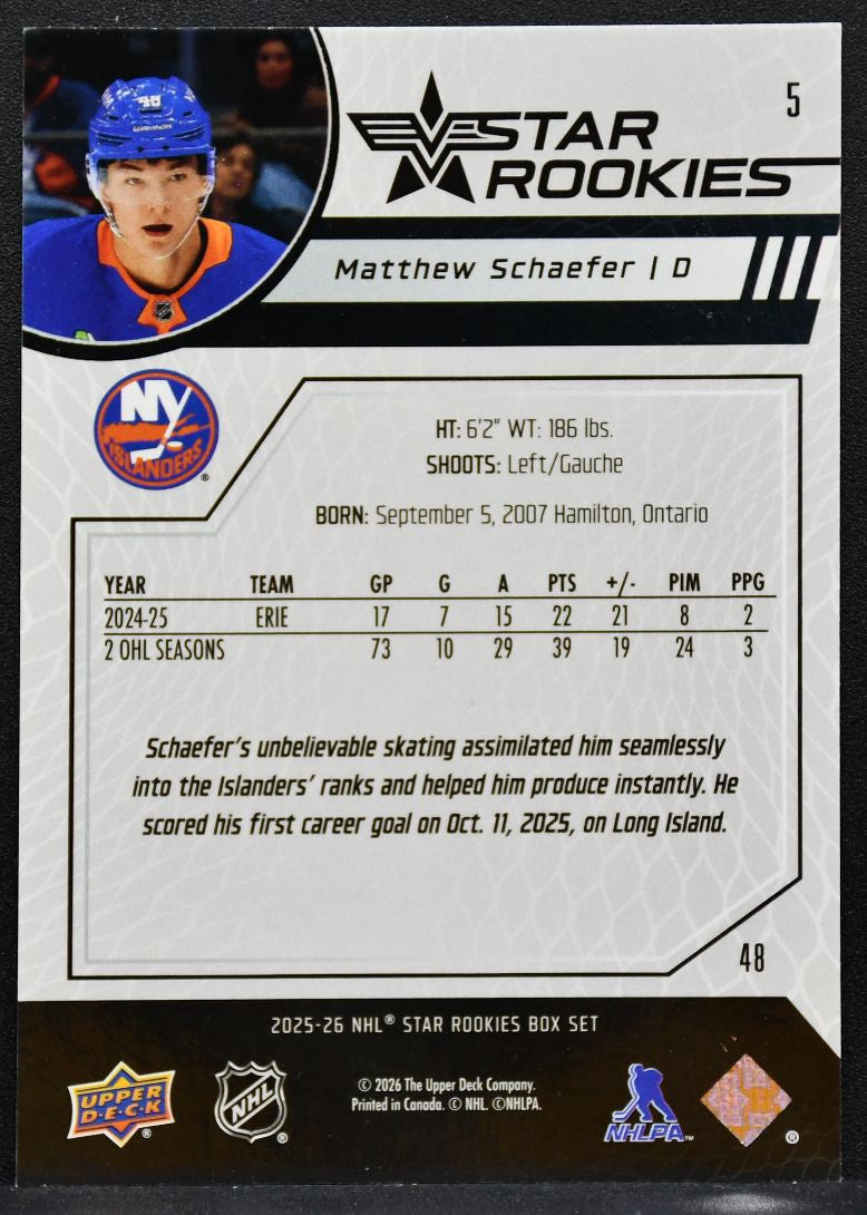 2025-26 Upper Deck NHL Star Rookies Box Set Matthew Schaefer 5 Islanders RC 6173
