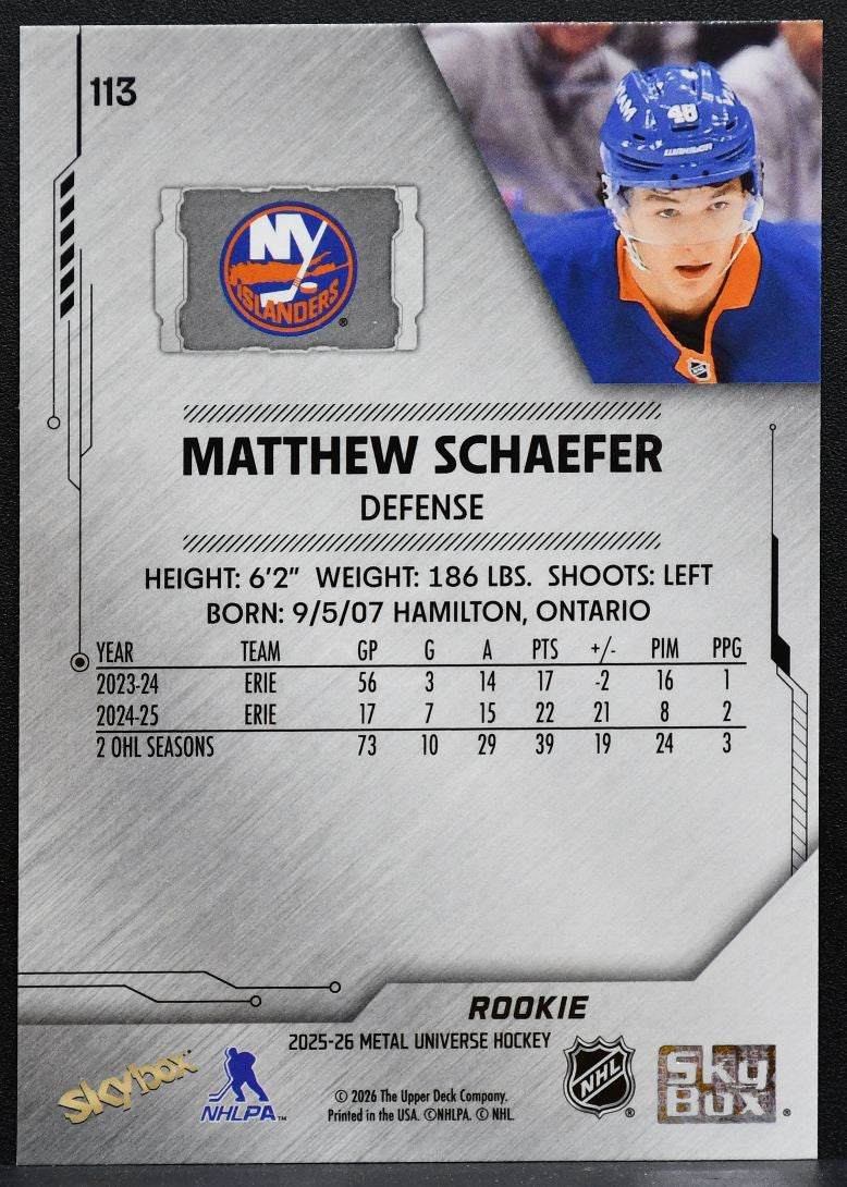 2025-26 SkyBox Metal Universe Matthew Schaefer 113 New York Islanders RC 9140