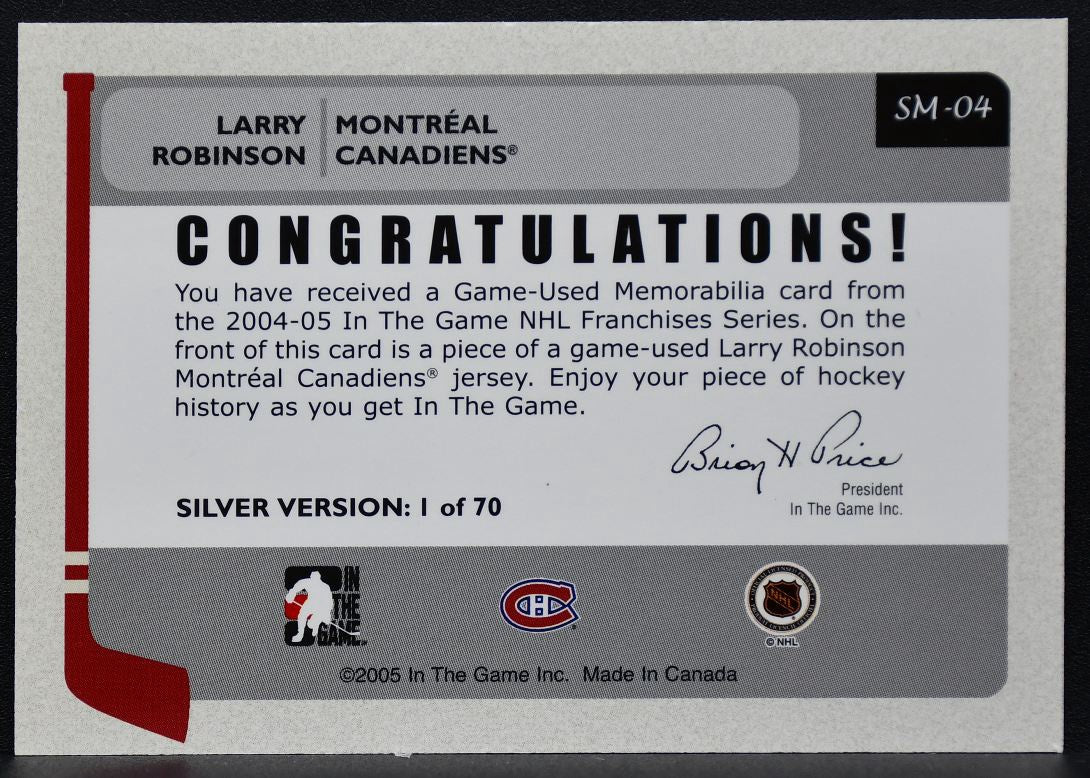 2004-05 In The Game Franchises Canadian Memorabilia Larry Robinson Jersey 8609