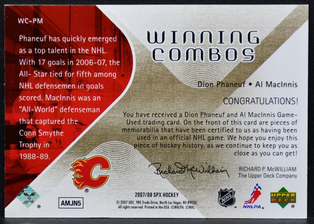 2007-08 SPx Winning Combos Dion Phaneuf/Al MacInnis WC-PM Calgary Flames Jersey 3781