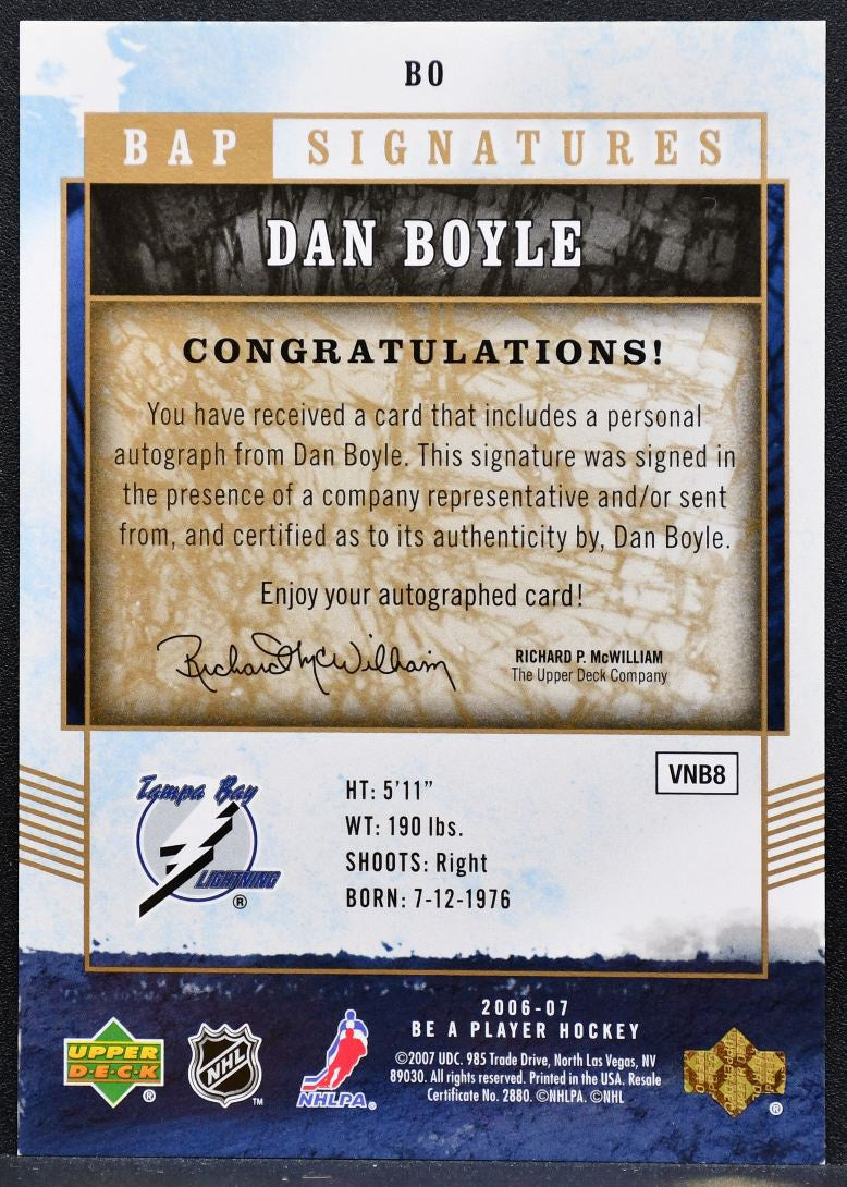2006-07 Be A Player Signatures Dan Boyle BO Tampa Bay Lightning Auto 7705