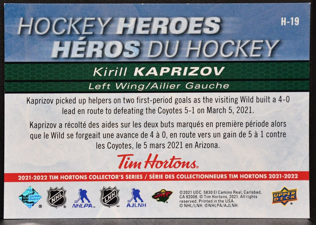 2021-22 Upper Deck Tim Hortons Hockey Heroes Kirill Kaprizov H-19 Minnesota Wild 7917