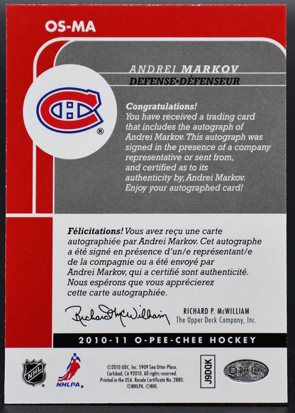 2010-11 OPC Signatures Andrei Markov OS-MA Montreal Canadiens Auto