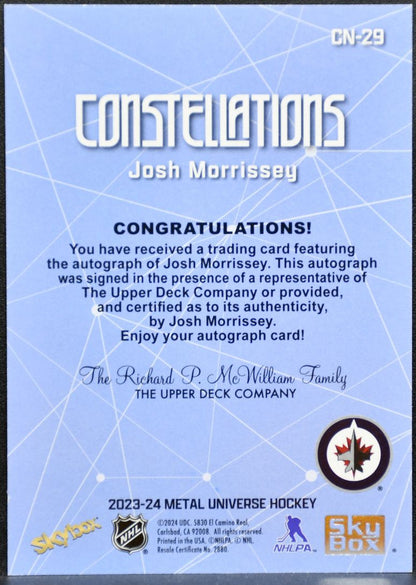 2023-24 SkyBox Metal Universe Constellations Josh Morrissey CN-29 Jets Auto 4748