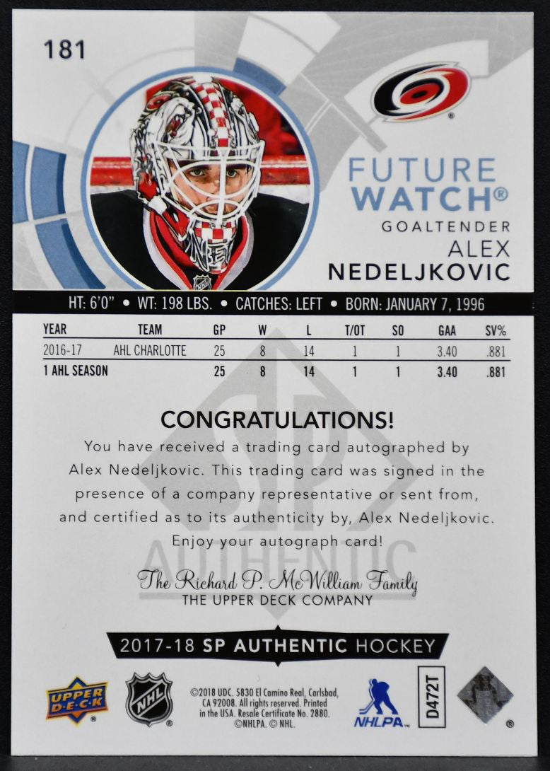 2017-18 SP Authentic Future Watch Auto Alex Nedeljkovic 181 RC Auto 757/999 0824