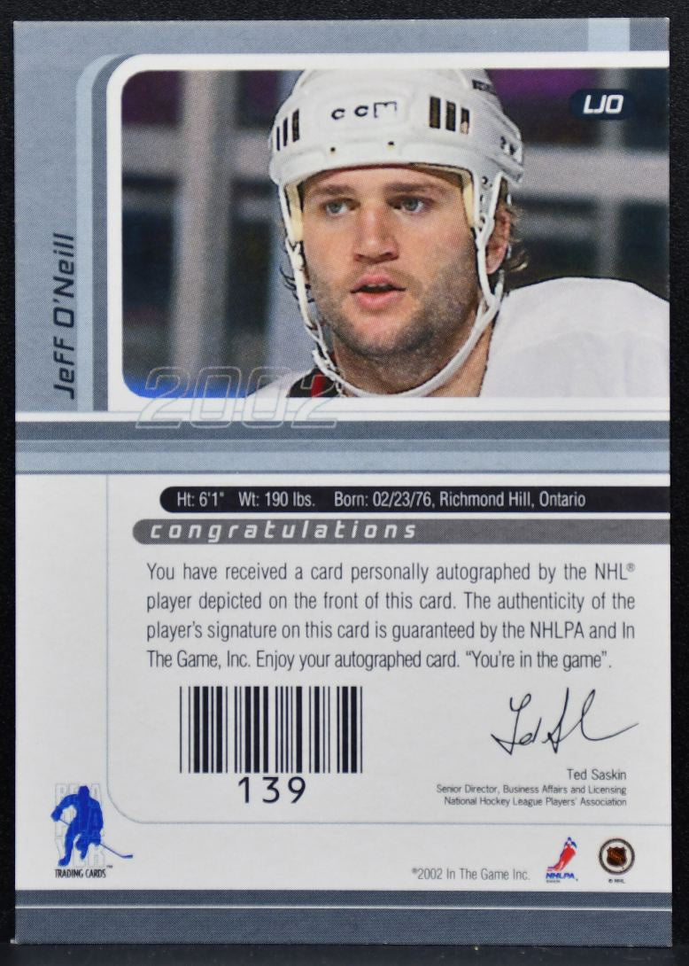 2002-03 In The Game Signature Series Auto Jeff O'Neill LJO Hurricanes Auto 3111