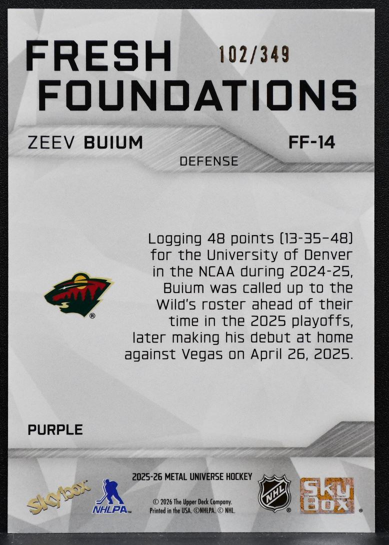 2025-26 SkyBox Metal Universe Fresh Foundation Purple Zeev Buium Wild RC 1952
