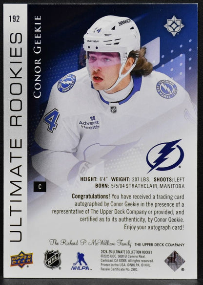 2024-25 UD Ultimate Collection Rookies Auto Conor Geekie 192 RC Auto 76/99