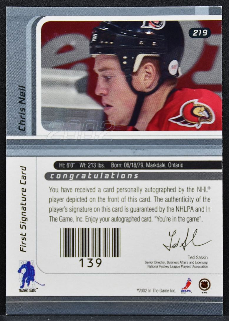 2001-02 Be a Player Signature Series Autograph Chris Neil 219 Senators Auto 0321