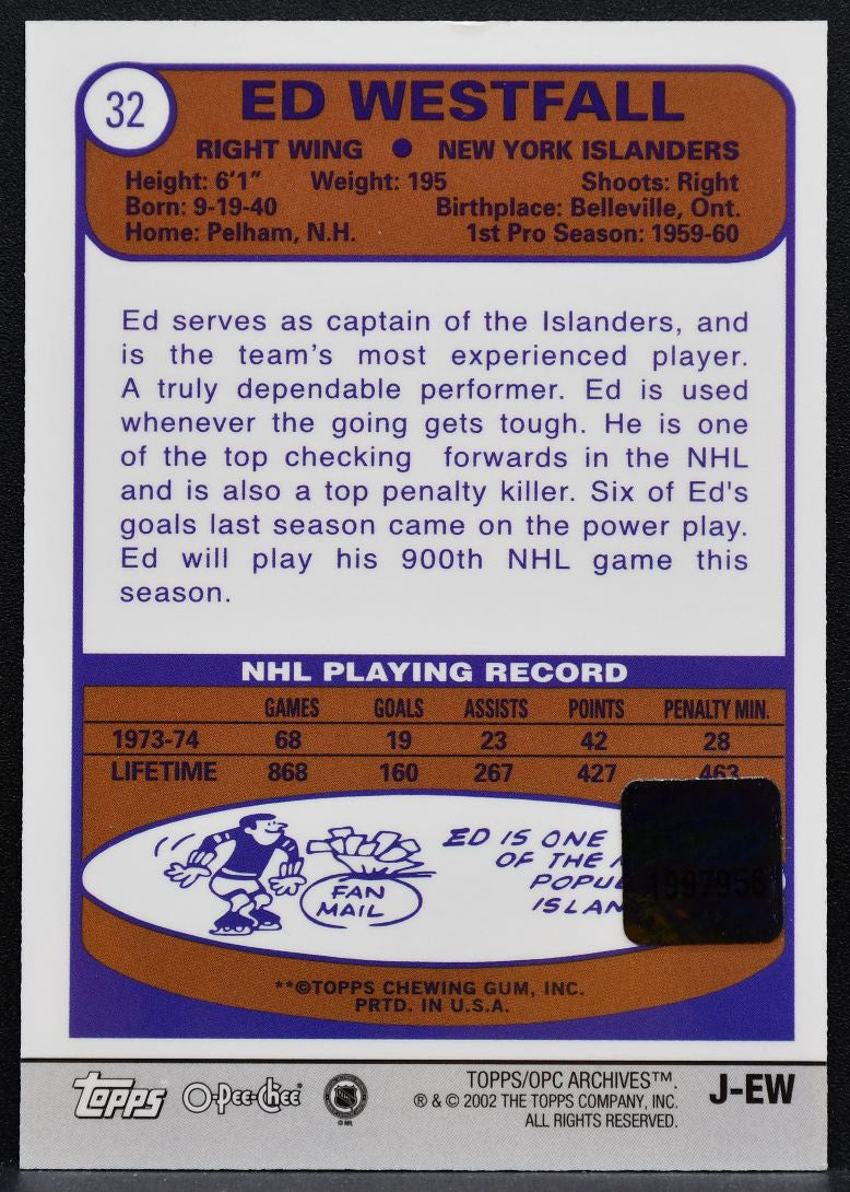 2001-02 Topps / O-Pee-Chee Archives Relics Ed Westfall Islanders Jersey 2899