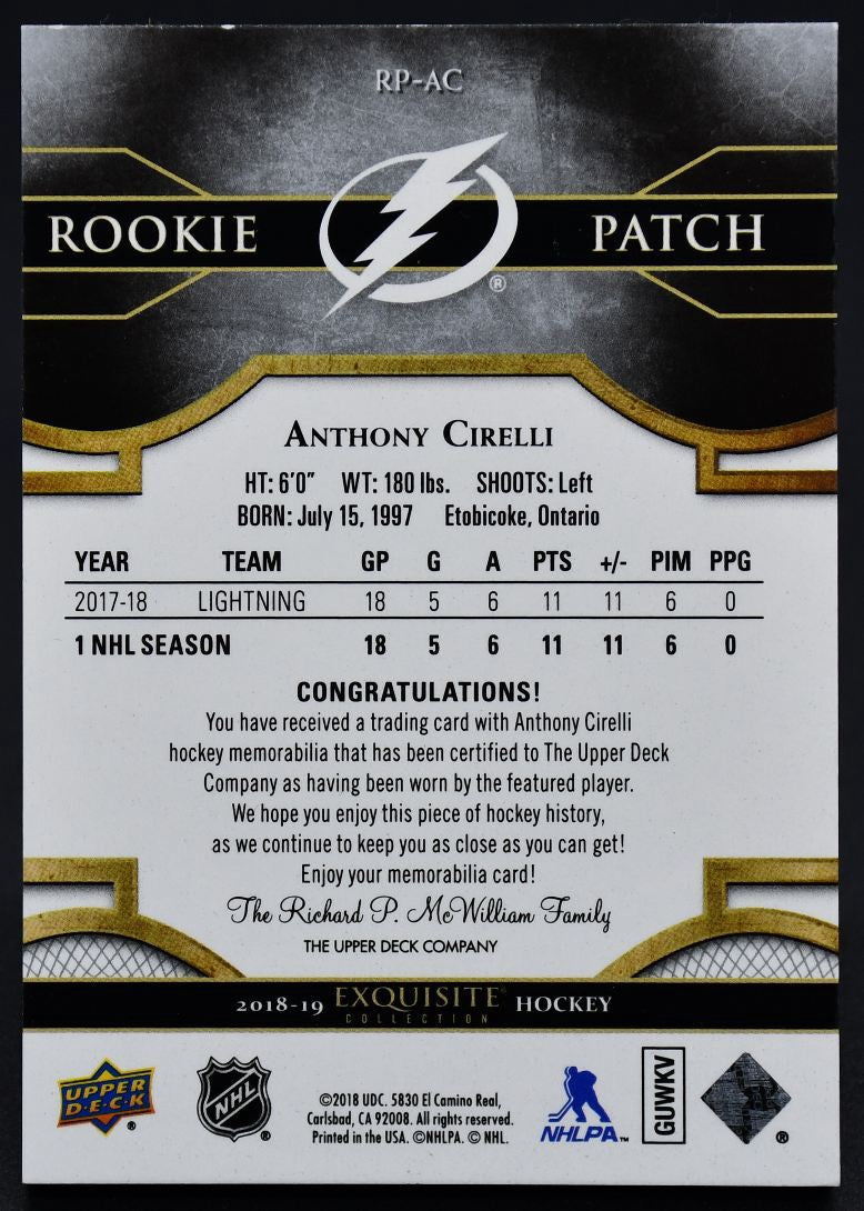 2018-19 UD Black Diamond Exquisite Collection Patch Cirelli RC 171/299 Jersey