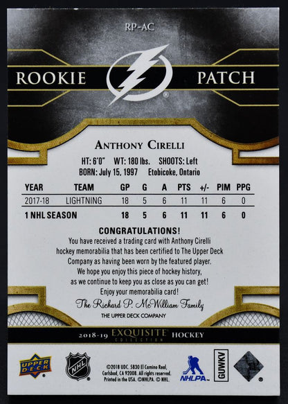 2018-19 UD Black Diamond Exquisite Collection Patch Cirelli RC 171/299 Jersey