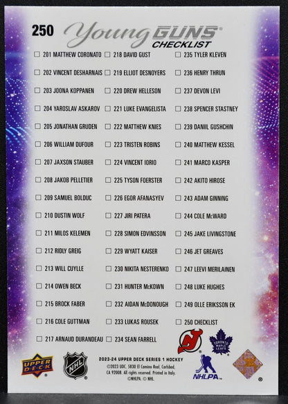 2023-24 UD Series 1 Young Guns Checklist Hughes/Knies Devils/Maple Leafs RC 2676