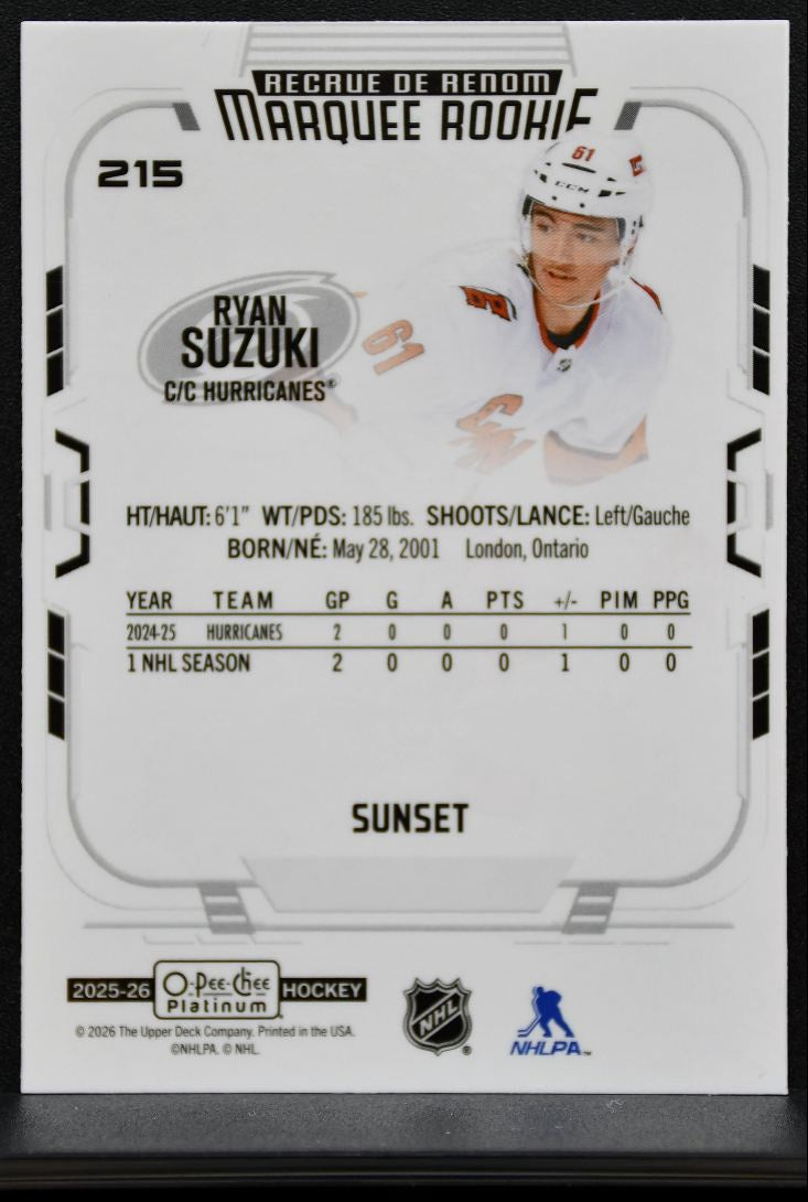 2025-26 O Pee Chee Platinum Marquee Rookie Sunset Ryan Suzuki Hurricanes RC 7924