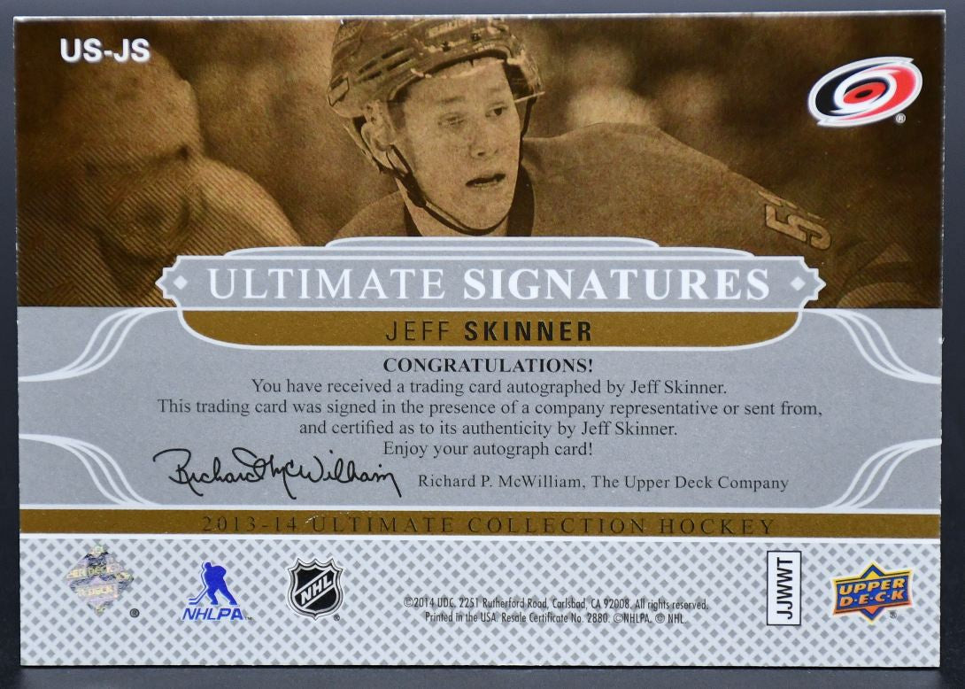 2013-14 UD Ultimate Collection Ultimate Signatures Jeff Skinner US-JS Auto