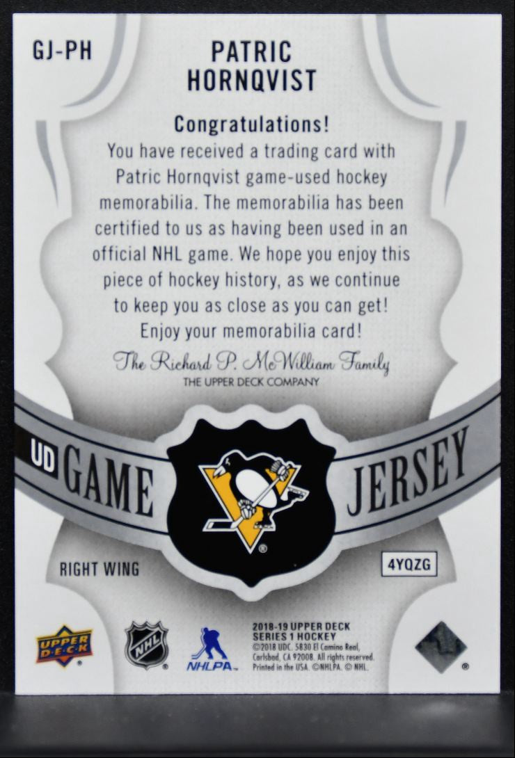2018-19 UD Series 1 UD Game Jerseys Patric Hornqvist GJ-PH Penguins Jersey 1823