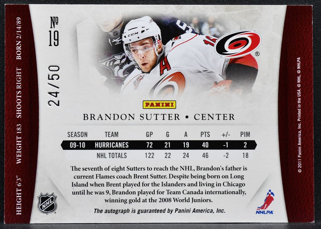 2011-12 Panini Dominion Red Auto Brandon Sutter 19 Hurricanes Auto 24/50 7337
