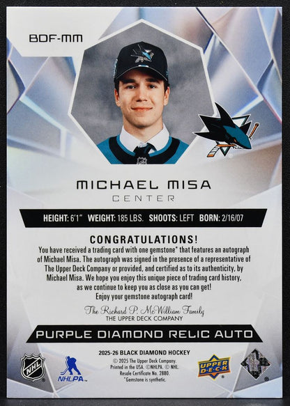 2025-26 UD Black Diamond Futures Purple Diamond Relic Auto Misa RC Auto 6063