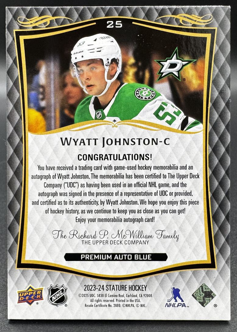 2023-24 UD Stature Wyatt Johnston 25 Dallas Stars AUTO Patch 05/10